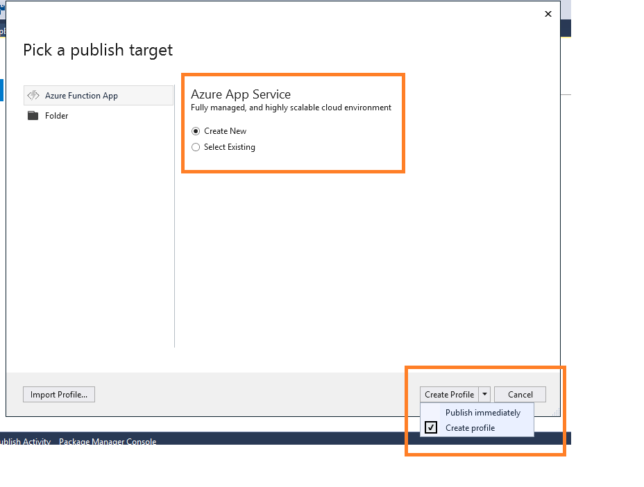 Azure Pick a Publish Target