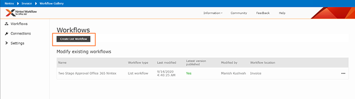 Create list workflow