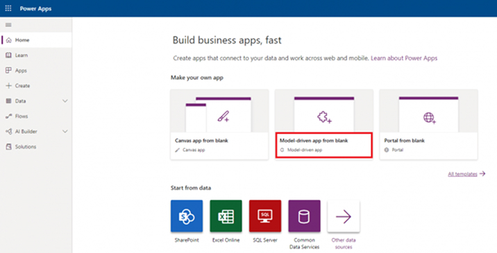 Select the option Model-driven app from blank