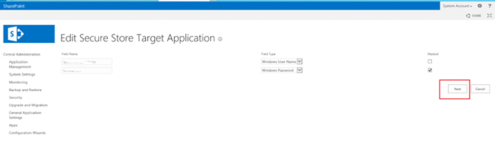 Edit Secure Store Target Application 