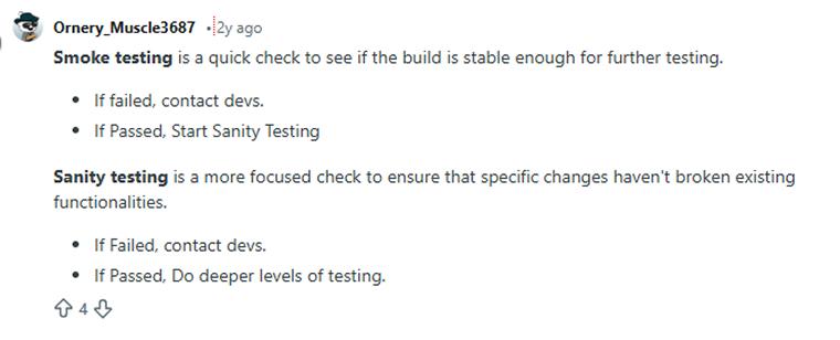 Reddit user says about sanity testing versus smoke testing Reddit user says about sanity testing versus smoke testing