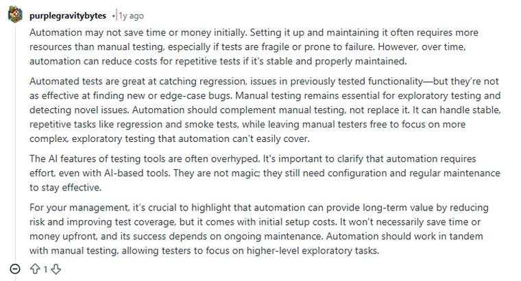 Reddit user says about automation testing