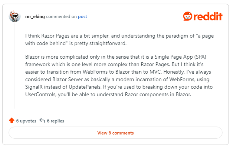 Reddit user says about Razor and Blazor