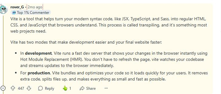 Reddit user said about Vite Reddit user said about Vite