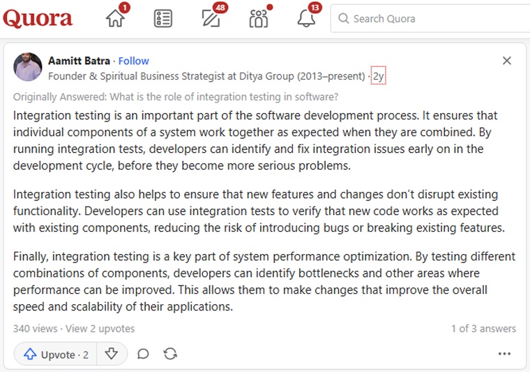 Quora user shared about integrating testing