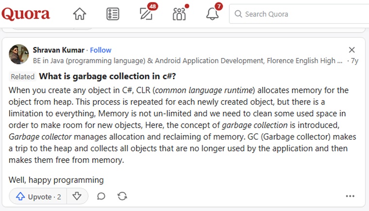 Quora user said about garbage collection in C#